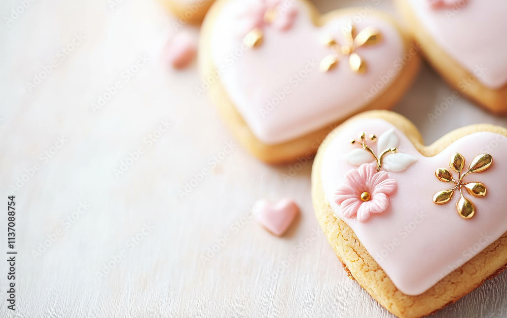 Delicate heart shaped cookies with floral designs and gold accents Delicate heart shaped cookies with floral designs and gold accents