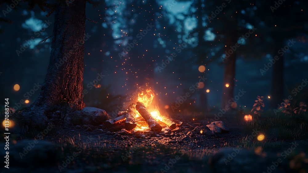 Campfire Burning Brightly in a Dark Forest at Night Campfire Burning Brightly in a Dark Forest at Night