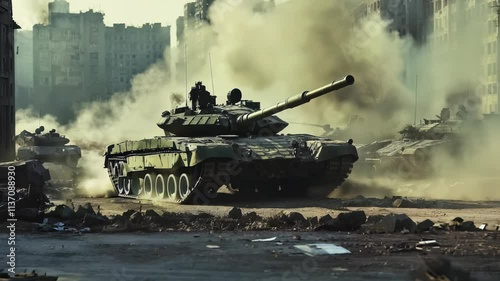 Armored Tanks Advancing Through War-Torn Urban Landscape