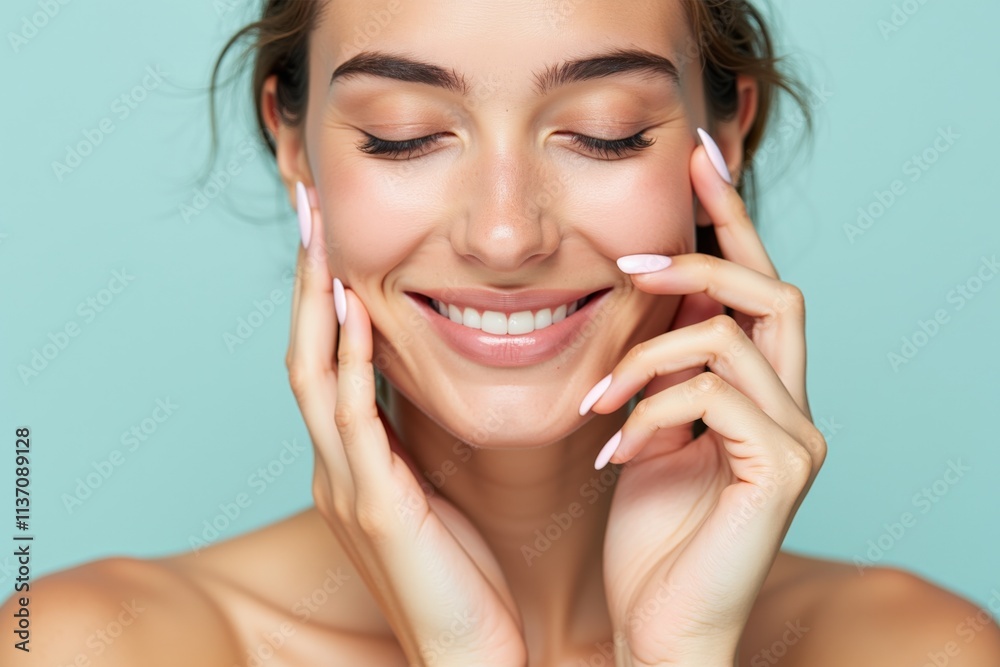Radiant Woman Smiling with Hands on Face, Perfect for Beauty and Wellness Marketing, Light Blue Background Radiant Woman Smiling with Hands on Face, Perfect for Beauty and Wellness Marketing, Light Blue Background