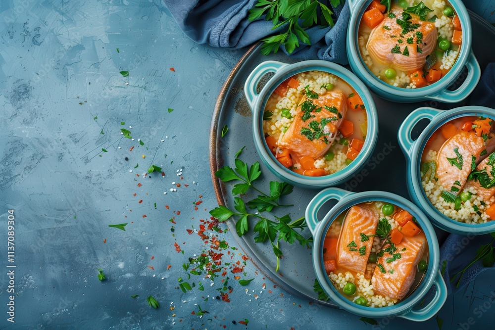 Salmon and vegetable fish soup in blue pots top view with text space Salmon and vegetable fish soup in blue pots top view with text space