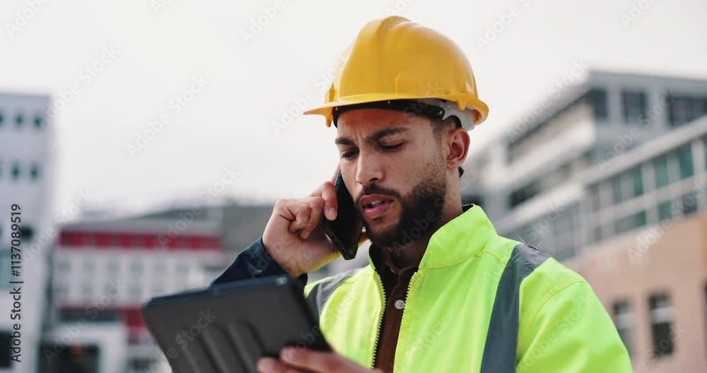 Engineering, phone call and man with tablet, construction site and communication for project. Person, inspector and architecture with tech, smartphone and connection with building development or app Engineering, phone call and man with tablet, construction site and communication for project. Person, inspector and architecture with tech, smartphone and connection with building development or app