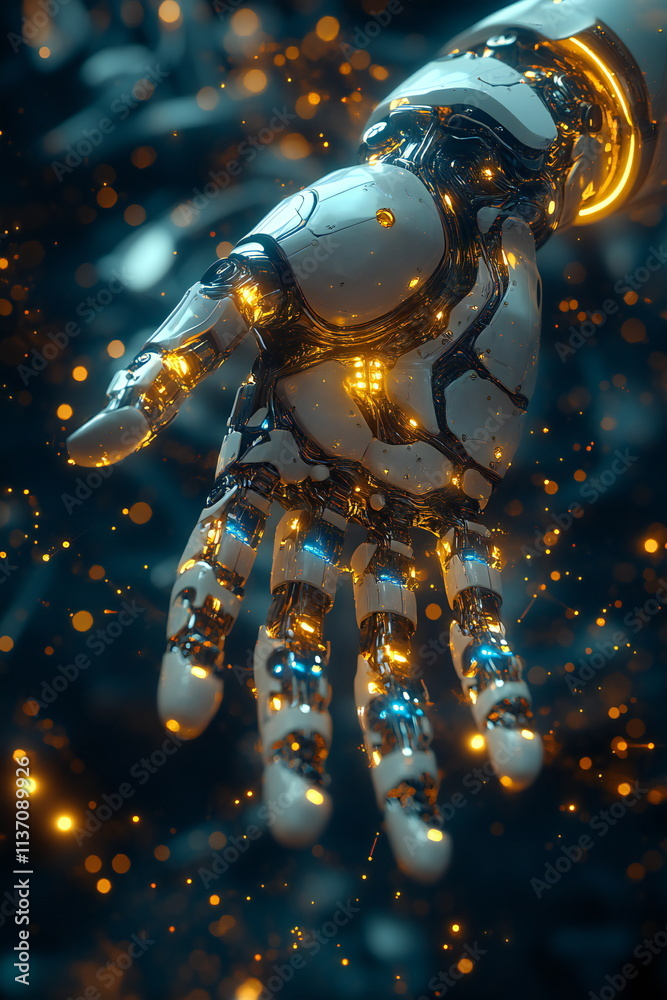 Intricate robotic hand reaches out amidst a backdrop of shimmering digital particles Intricate robotic hand reaches out amidst a backdrop of shimmering digital particles