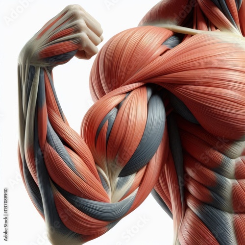 Anatomical illustration of a flexed human arm showing detailed muscle fibers and structure. The intricate depiction highlights the contraction and strength of muscles, offering a detailed perspective