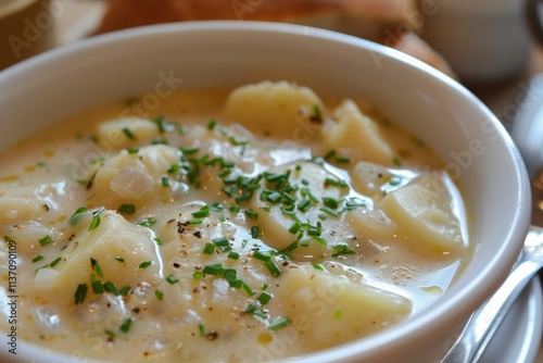 Scottish soup with smoked haddock potatoes and onions photo