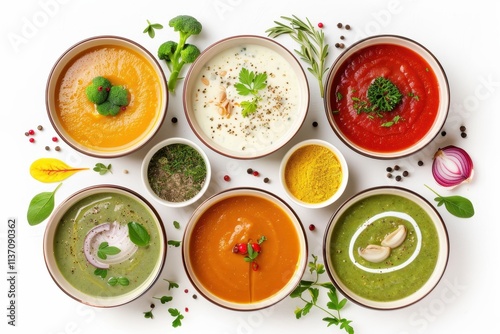 Wallpaper Mural Seasonal vegan soups made with organic ingredients on white background Homemade and colourful Torontodigital.ca
