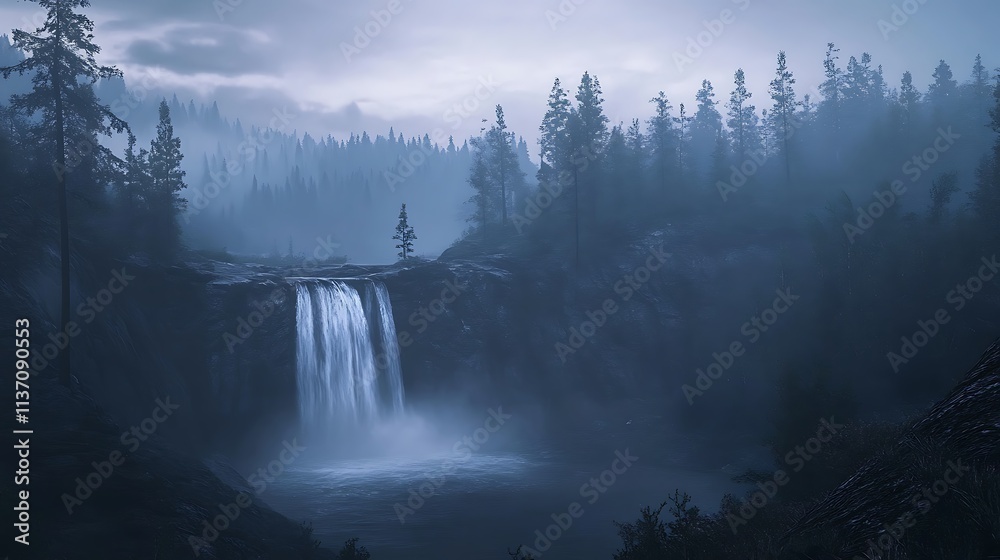 Fototapeta premium Misty Waterfall Cascading Through a Dark Forest