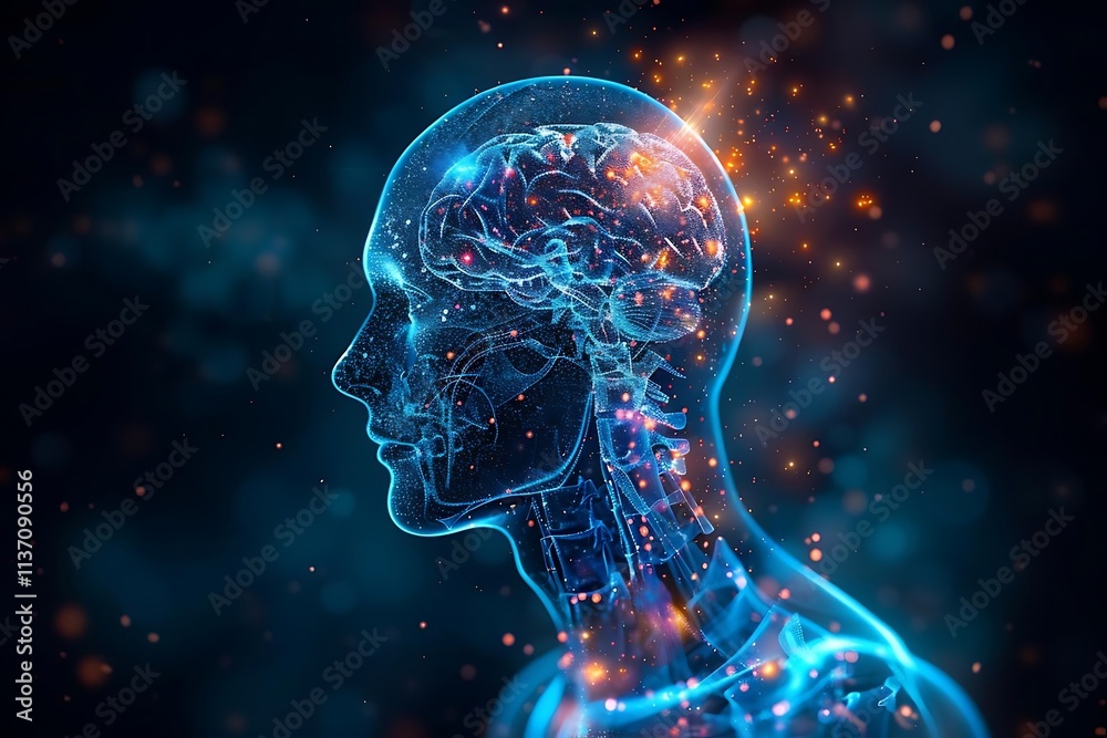 Glowing human head profile with visible brain and nervous system. Glowing human head profile with visible brain and nervous system.