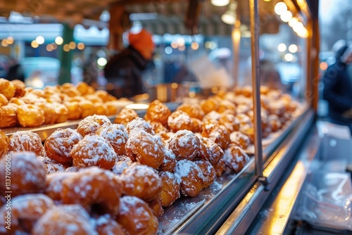 Selective focus on Oliebol in market display a Dutch treat eaten on New Year s Eve photo