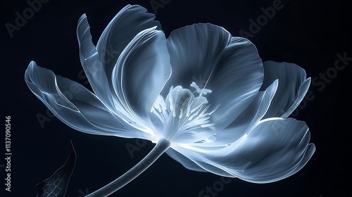 Glowing blue tulip flower against black background.