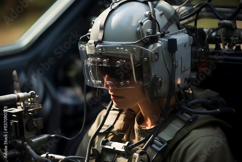 Female soldier wearing advanced helmet and goggles in military vehicle.