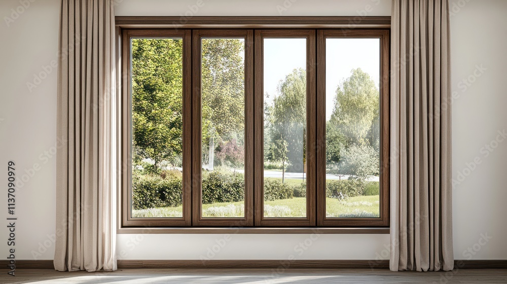 Fototapeta premium Large window with curtains showing a garden view.