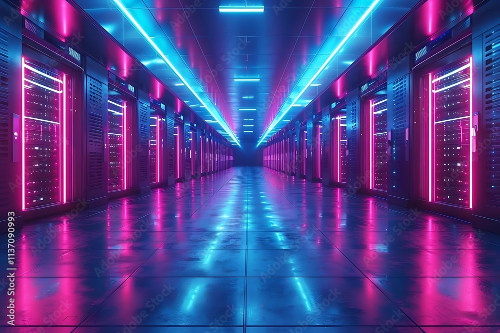 Neon-lit server room corridor with rows of data storage racks. Neon-lit server room corridor with rows of data storage racks.