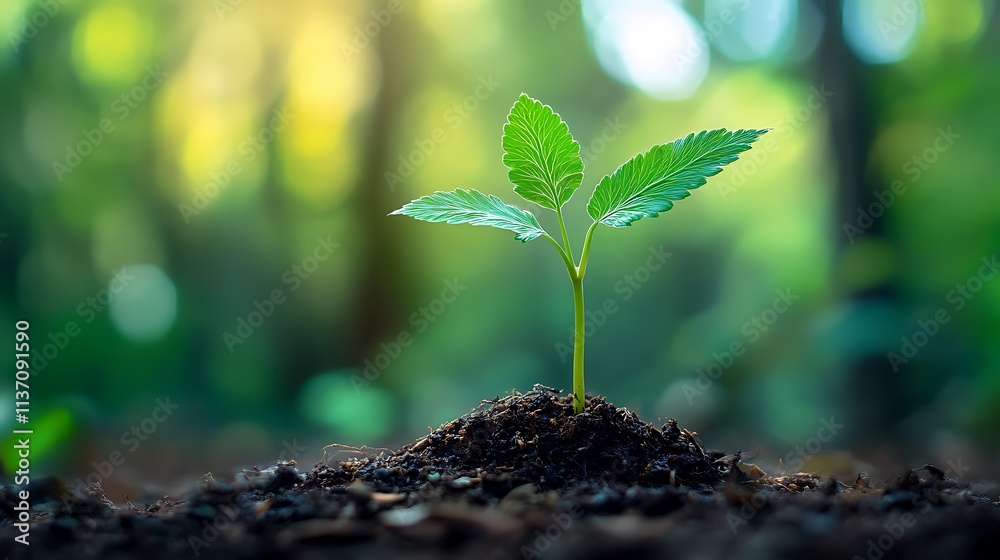 A single young plant seedling growing in soil A single young plant seedling growing in soil