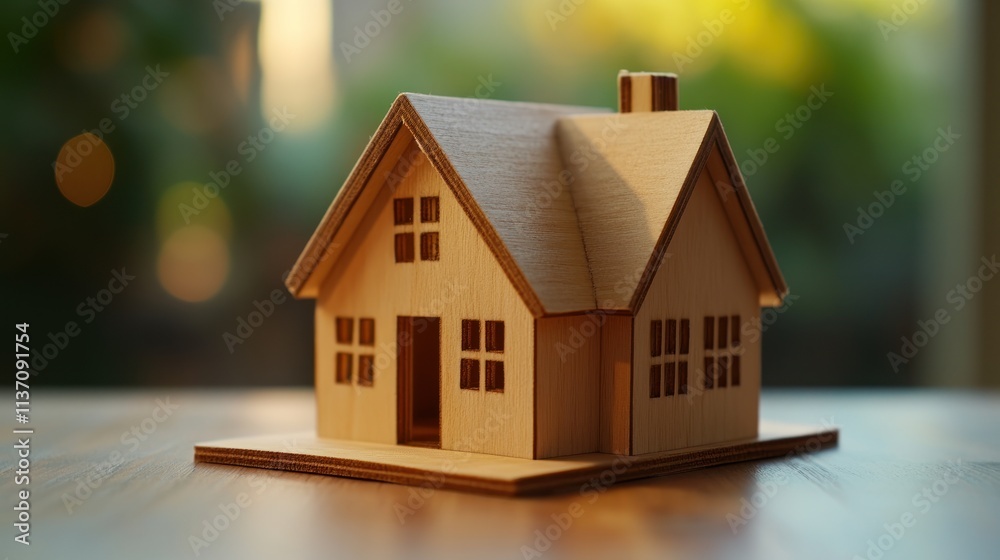Charming Wooden House Model on a Tabletop Charming Wooden House Model on a Tabletop