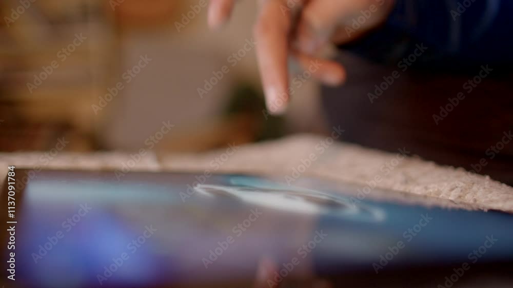 A closeup view of a hand that is gently tapping on a tablet screen, set against a textured background