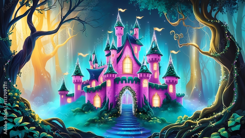 Fototapeta premium Enchanting Pink Castle Nestled Deep Within A Magical Forest