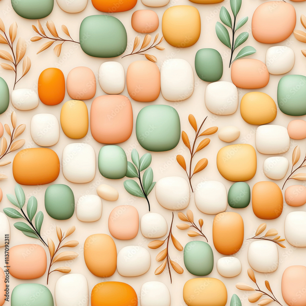Seamless pattern featuring colorful stones and leaves in soft tones, creating harmonious and modern design. Ideal for backgrounds and textiles Seamless pattern featuring colorful stones and leaves in soft tones, creating harmonious and modern design. Ideal for backgrounds and textiles