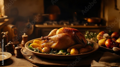 Roasted Chicken Dinner With Potatoes And Vegetables photo