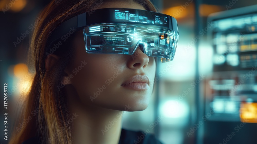A woman wearing virtual reality goggles is looking at a computer screen. Generative AI A woman wearing virtual reality goggles is looking at a computer screen. Generative AI