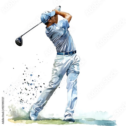 Watercolor Painting of a Male Golfer Executing a Powerful Drive on a Golf Course.