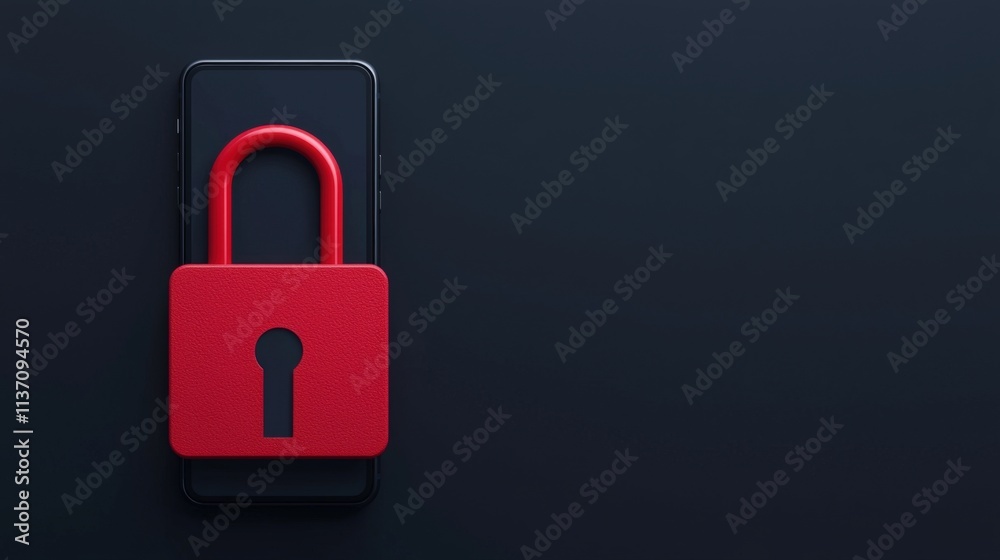 Fototapeta premium Digital lock and security efficiency, A smartphone with a prominent red padlock symbolizing security and privacy.