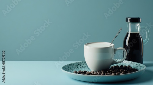 Serene Coffee Moment: A Cup of Creamy Coffee, Roasted Beans, and Dark Syrup