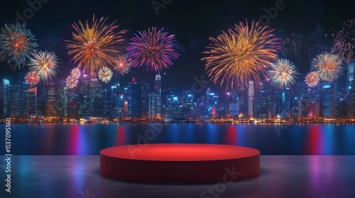 blank red podium and colorful fireworks in city in night background photo