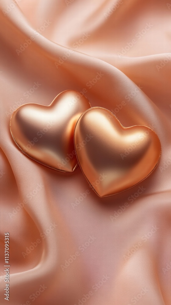 Two Rose Gold Hearts on Peach Silk Fabric Two Rose Gold Hearts on Peach Silk Fabric