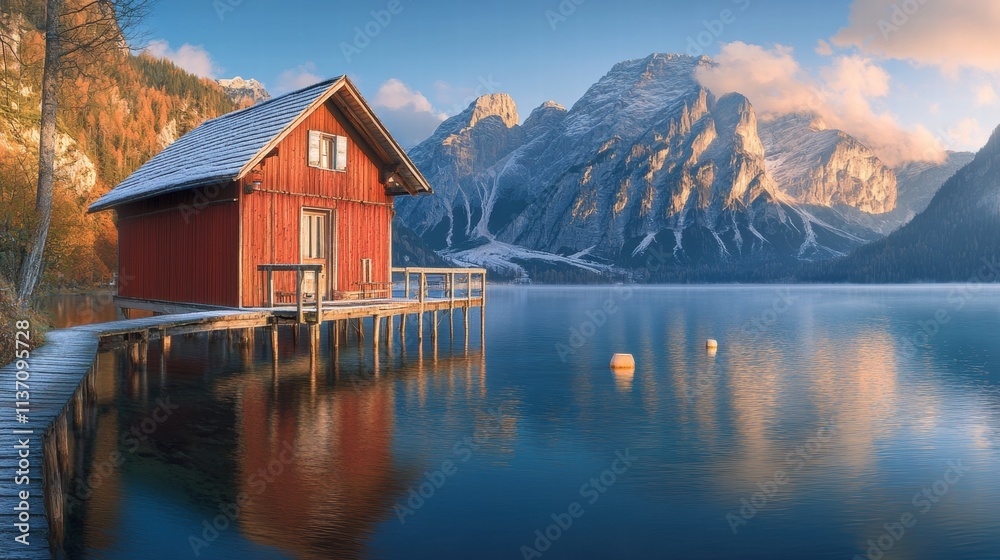 Fototapeta premium Red Wooden Cabin on Calm Lake with Mountain View at Sunrise