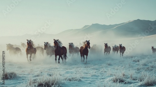 Majestic Herd Galloping Through a Frosty Winter Landscape