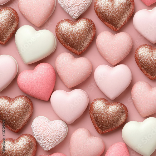 Delightful heart shaped candies in various colors and textures
