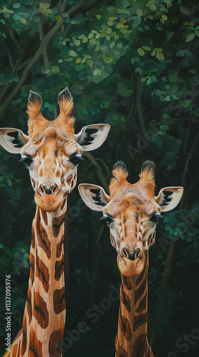 Two Giraffes Standing in a Vibrant Green Forest Close-Up