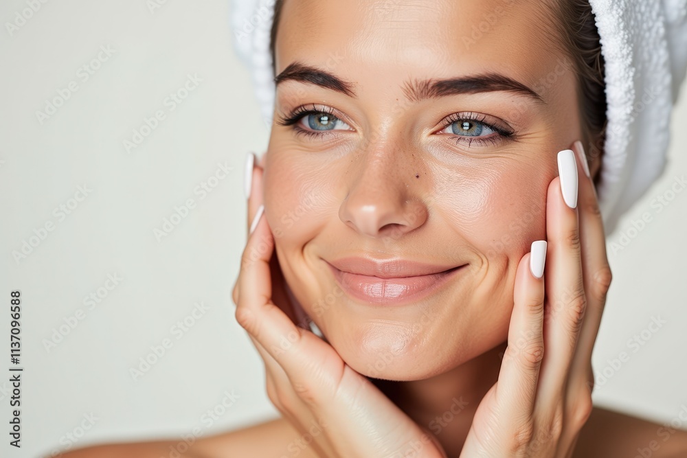 Experience Radiant Beauty: Woman with Fresh Skin Smiling, Perfect for Skincare and Wellness Advertisements Experience Radiant Beauty: Woman with Fresh Skin Smiling, Perfect for Skincare and Wellness Advertisements