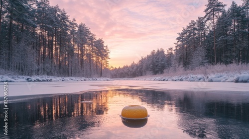 Winter Sunrise over Frozen River with a Yellow Buoy