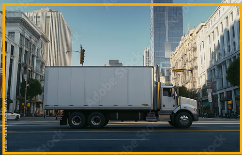 Blank Advertising Truck Billboard on Urban Street with City Background
