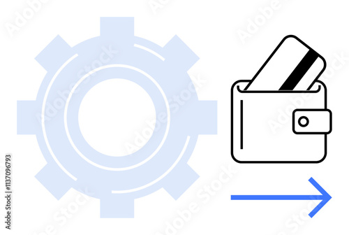 Wallet with credit card, large gear icon in background, blue arrow pointing right. Ideal for automation, finance, online transactions, banking, financial services payment processing fintech. Line