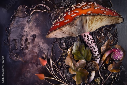 Unique mushroom and foliage arrangement showcasing vibrant colors and textures in artistic design photo