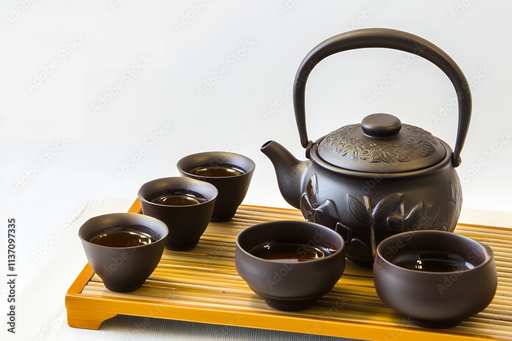 Traditional tea set with a teapot and cups arranged on a bamboo tray in a simple, serene setting Traditional tea set with a teapot and cups arranged on a bamboo tray in a simple, serene setting