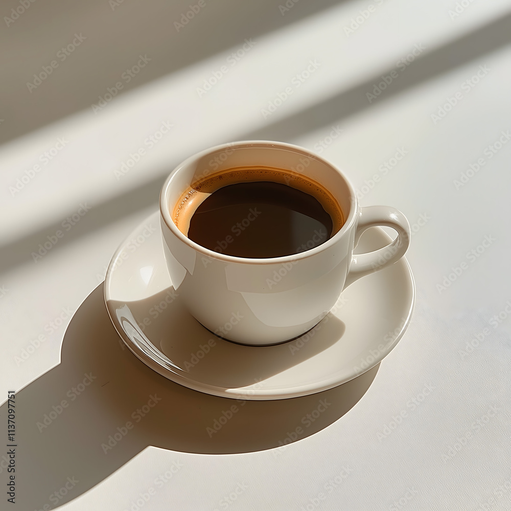 Elegant White Coffee Cup in Sunlit Setting with Shadows Elegant White Coffee Cup in Sunlit Setting with Shadows