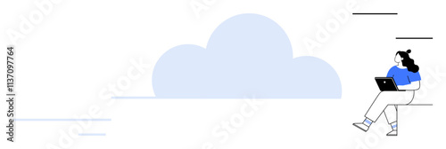 Woman working on laptop, sitting near large cloud icon. Ideal for themes like remote work, cloud computing, digital connectivity, freelancing, online education, tech industry, and work-life balance photo