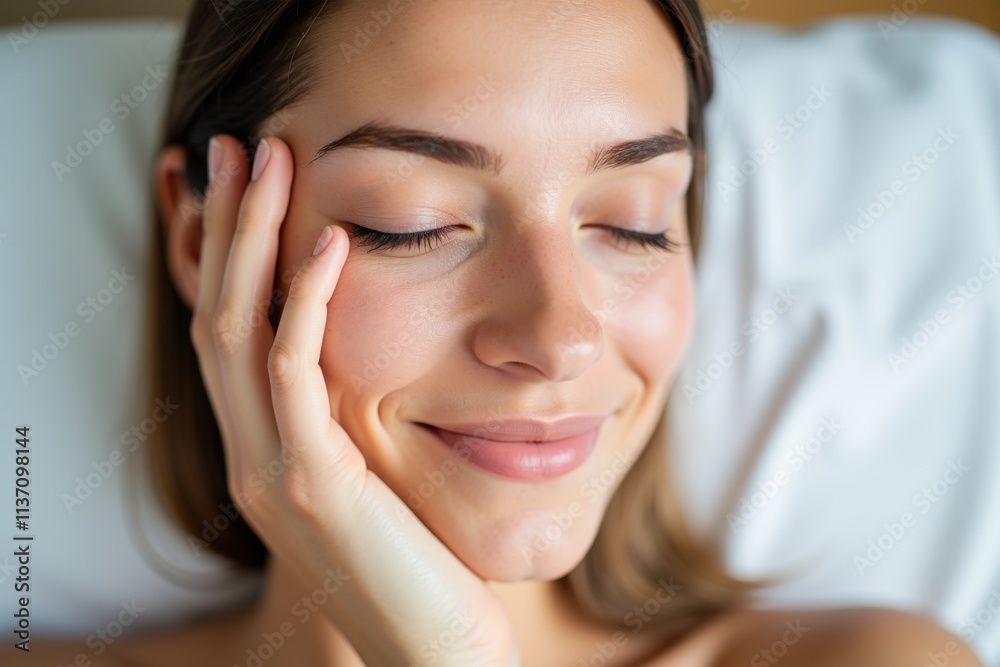 Relaxed Woman Smiling Blissfully While Lying on a White Pillow - Perfect for Wellness and Self-Care Themes Relaxed Woman Smiling Blissfully While Lying on a White Pillow - Perfect for Wellness and Self-Care Themes