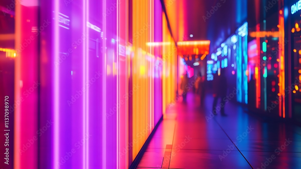 Fototapeta premium Vibrant Neon Lights Illuminate Modern City Corridor