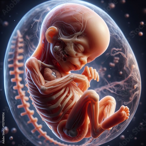 A detailed 3D illustration of a developing fetus, displaying visible organs and skeleton within the protective womb. The image captures the stages of human fetal development in a scientific and photo