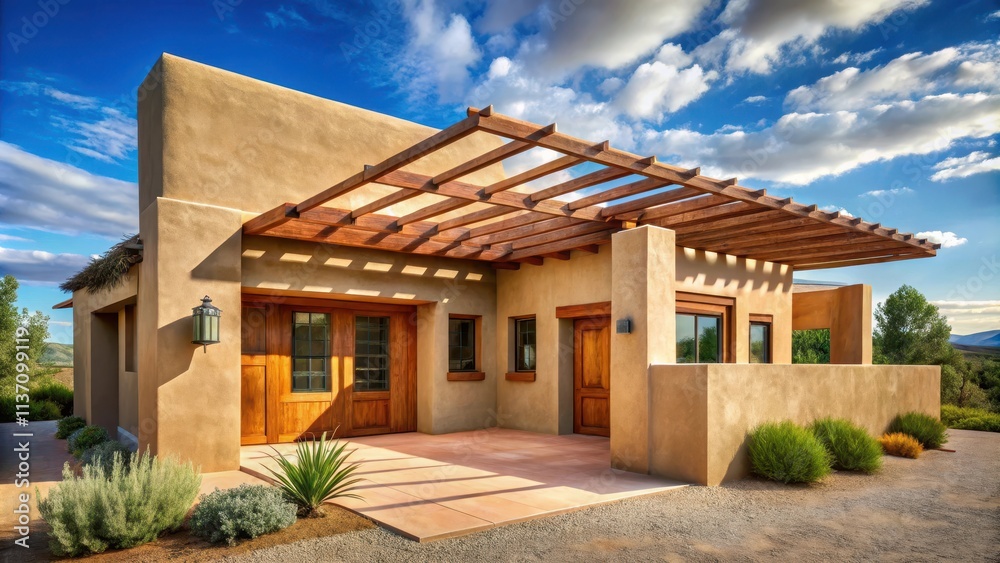 Adobe-inspired house with flat roof and exposed wooden beams Adobe-inspired house with flat roof and exposed wooden beams