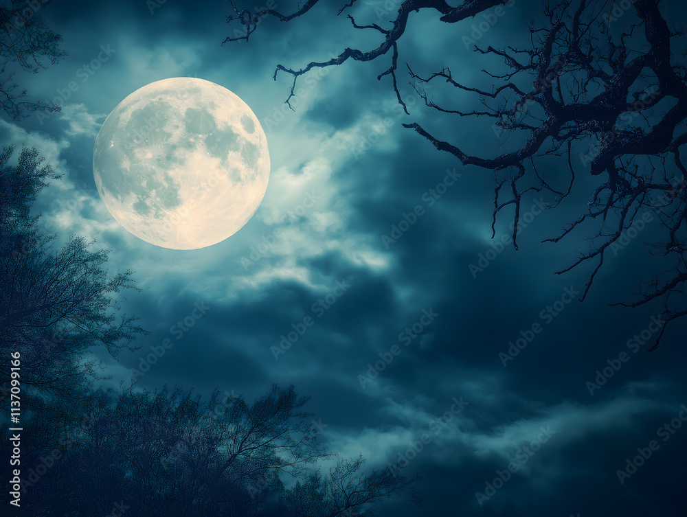 Fototapeta premium Mystical Full Moon Illuminates the Night Sky Amongst Silhouetted Branches