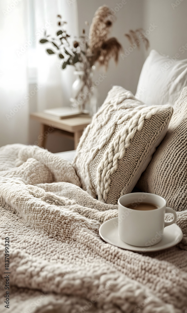 Cozy Home Setting with a Cup of Latte on a Knitted Blanket Cozy Home Setting with a Cup of Latte on a Knitted Blanket