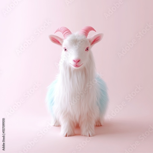 Cute cartoon goat character with fluffy white fur, pink horns, and a soft blue gradient, set against a pastel pink background, ideal for children's designs and playful themes photo