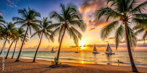 Maca? beach at sunset with palm trees and sailboats, sunset, beach, maca?, rio de janeiro, brazil, palm trees, sailboats photo