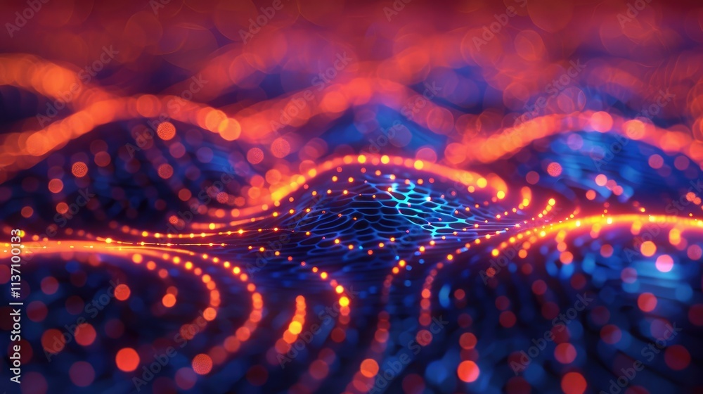 Abstract visualization of flowing waves with glowing particles in a vibrant color scheme. Abstract visualization of flowing waves with glowing particles in a vibrant color scheme.